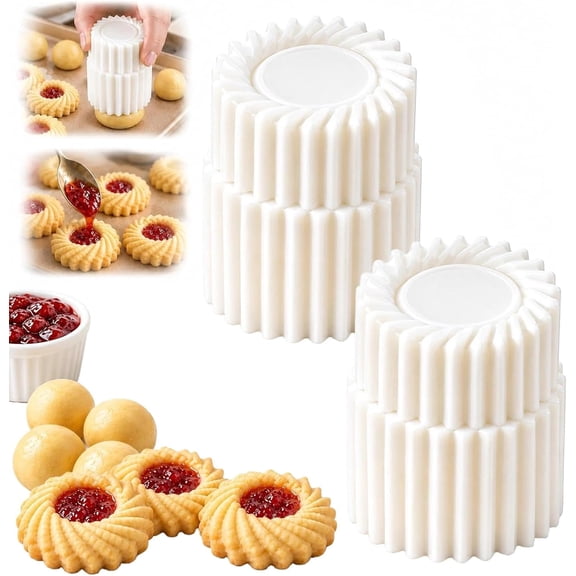 Fluted Jam Cookie Press Mold, Thumbprint Flower Cookie Cutter Reusable Flower‑Pattern Baking Stamp Mold for Filled Jam Cookies, Pastry & Mooncake Making, Home DIY Baking Tool(2PCS)
