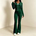 thumbnail image 4 of Women's Y2K Velvet Tracksuit Two Piece OutfitS Zip‑Up Hooded Crop Jacket High Waist Flare Pants Soft Velour Casual Athletic Street Sets Green, 4 of 6