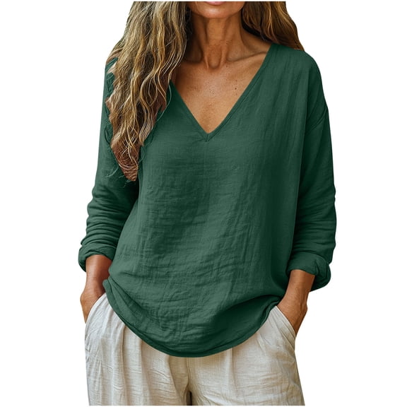 Summer Linen Tops,Linen Shirts for Women Boho Cotton Tops Long Sleeve V Neck Loose Dressy Blouses Casual Tunics Spring Summer Trendy Outfits