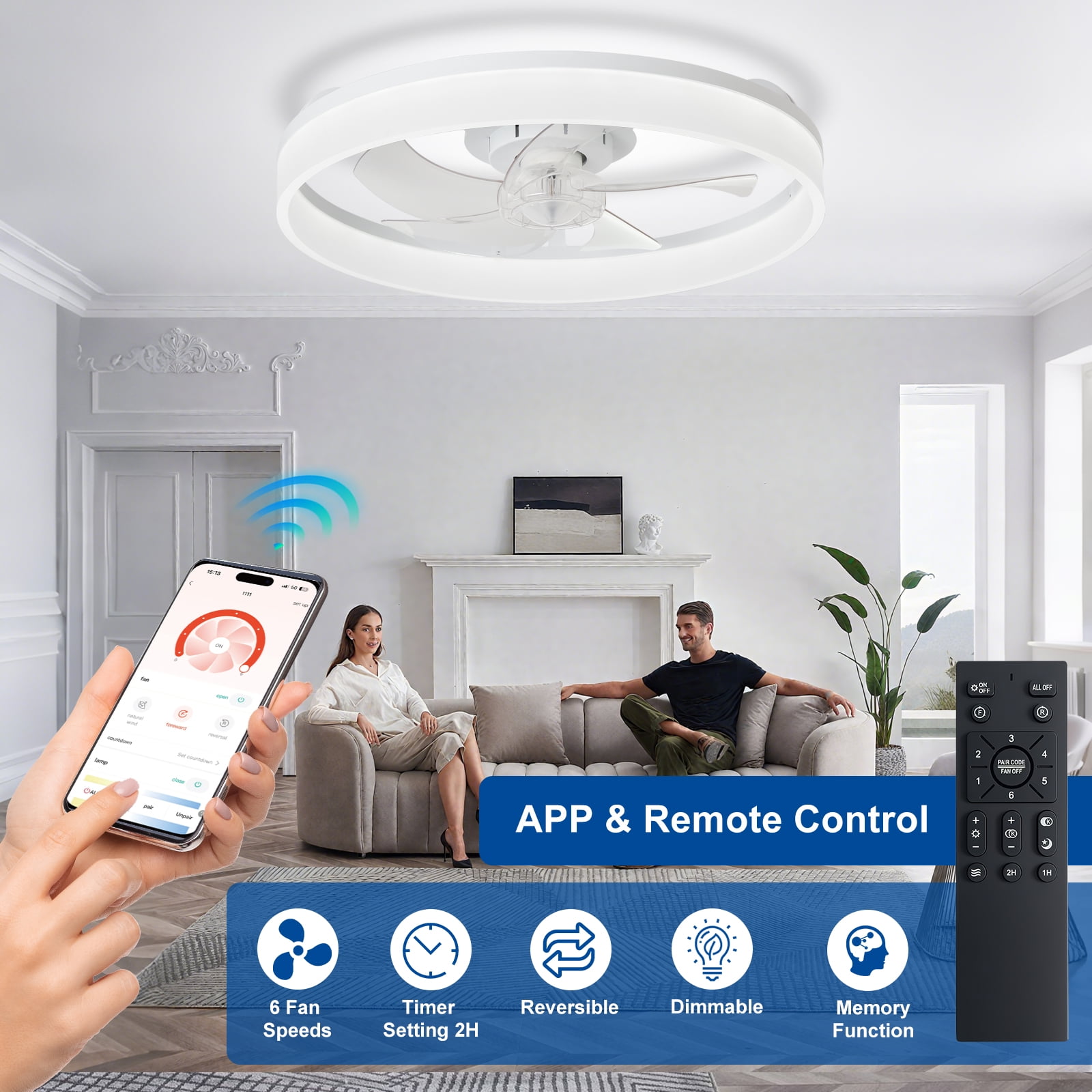 Depuley 20" White Flush Mount Ceiling Fan with Light - Low Profile, App & Remote Control, 6-Speed Quiet DC Motor, Dimmable LED for Bedroom
