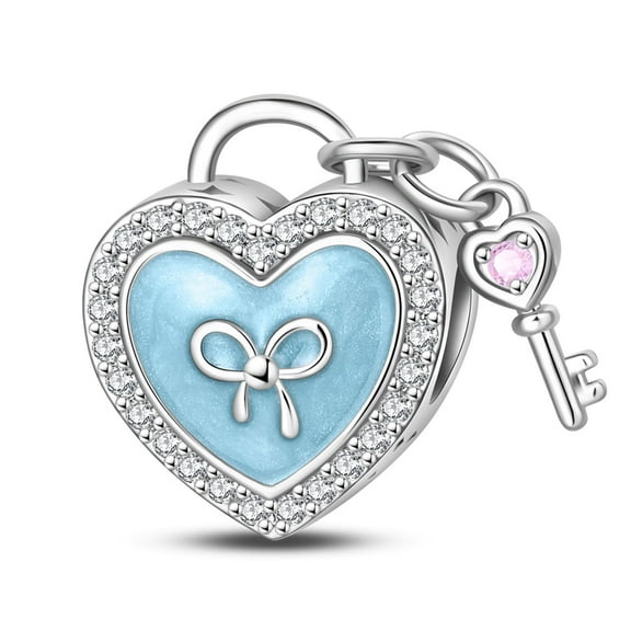 KUNSIR 925 Sterling Silver Blue Romantic Heart Lock Bead Charm For Bracelets DIY