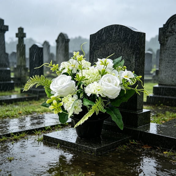 Artificial Cemetery Flower Pot, Memorial Potted Floral Decoration, Outdoor Grave Ornament Arrangement, Weather Resistant Faux Plant Display, Long Lasting Tribute Home Decor Use
