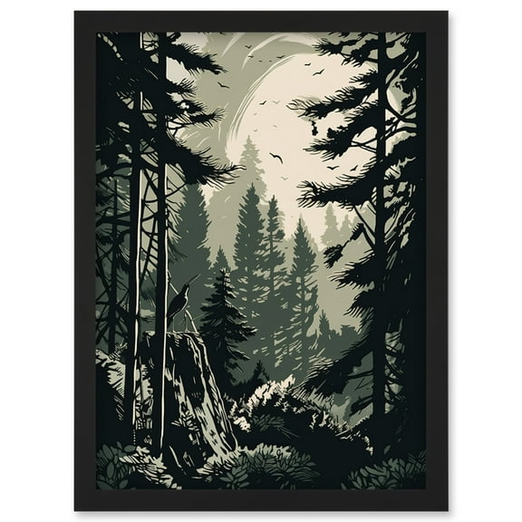 Pine Tree Forest Sunrise Landscape Illustration Artwork Framed Wall Art Print A4