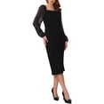 thumbnail image 4 of INSPIRE CHIC Women's Dress Square Neck Mesh Long Sleeve Back Slit Evening Cocktail Pencil Dresses S Black, 4 of 6