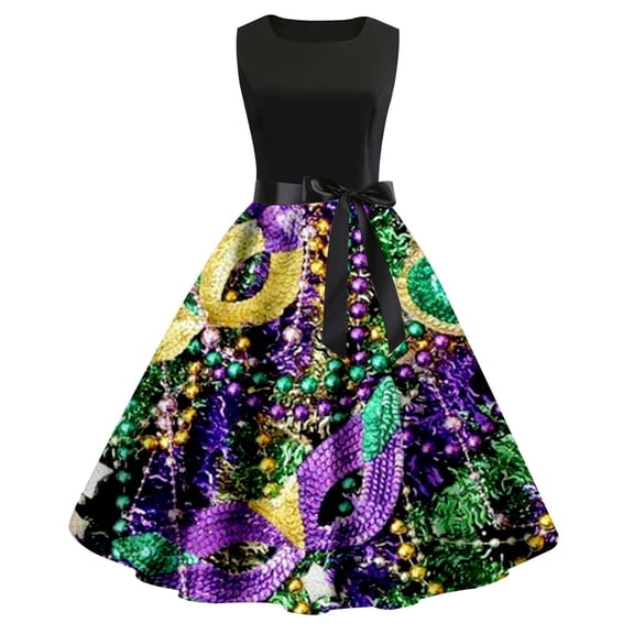 Mardi Gras Outfit Women'S Long Sleeved Crewneck Carnival Print Party Casual Swing Dress Green XL