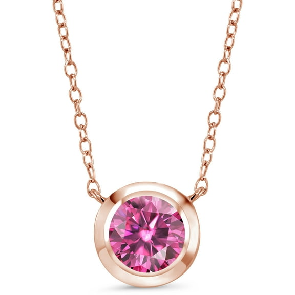 Gem Stone King 18K Rose Gold Plated Silver Solitaire Necklace Pink Round Moissanite (1.20 Cttw)