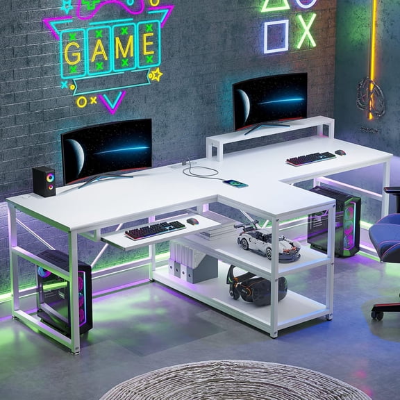 94.5" 2 Person Gaming Desk with Storage, LED Light | Double T-Shaped Office Desk with Keyboard Tray, Power Strip & Monitor Stand for Home Office
