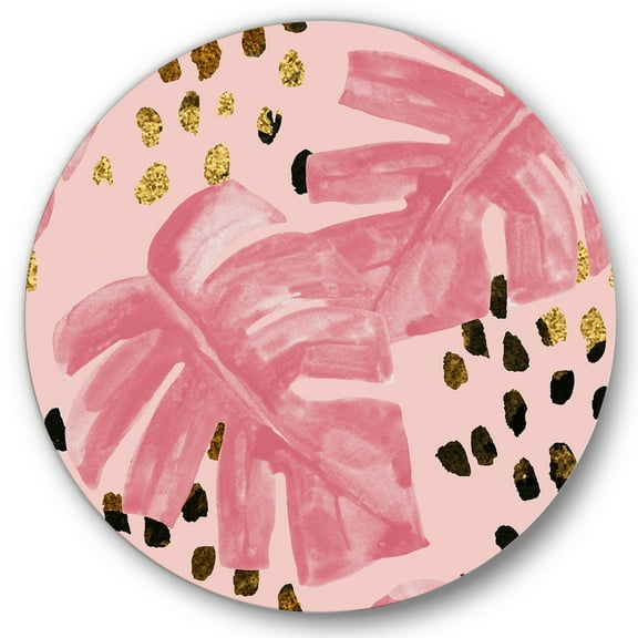 Designart 'Rough Brush Strokes Pink Colored Monstera I' Tropical Circle Metal Wall Art 36x36 - Disc of 36