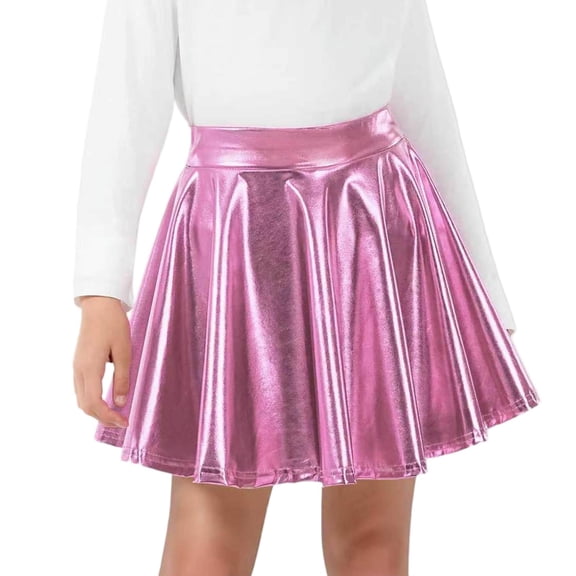 Girls Metallic Skater Skirt Christmas Halloween Cosplay Skirts Shiny Pleated Short Skirt Kids Dance Performance Party Skirt