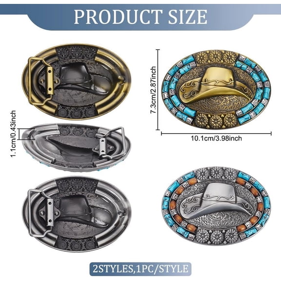 2 Styles Western Belt Buckle Oval Long Vintage Cowboy Hat Belt Buckles Turquoise Buckles Gold and Silver Tie for Cowboy Costume Suit Jeans Men Women Leather Belts 10.1x7.3cm/3.98x2.87