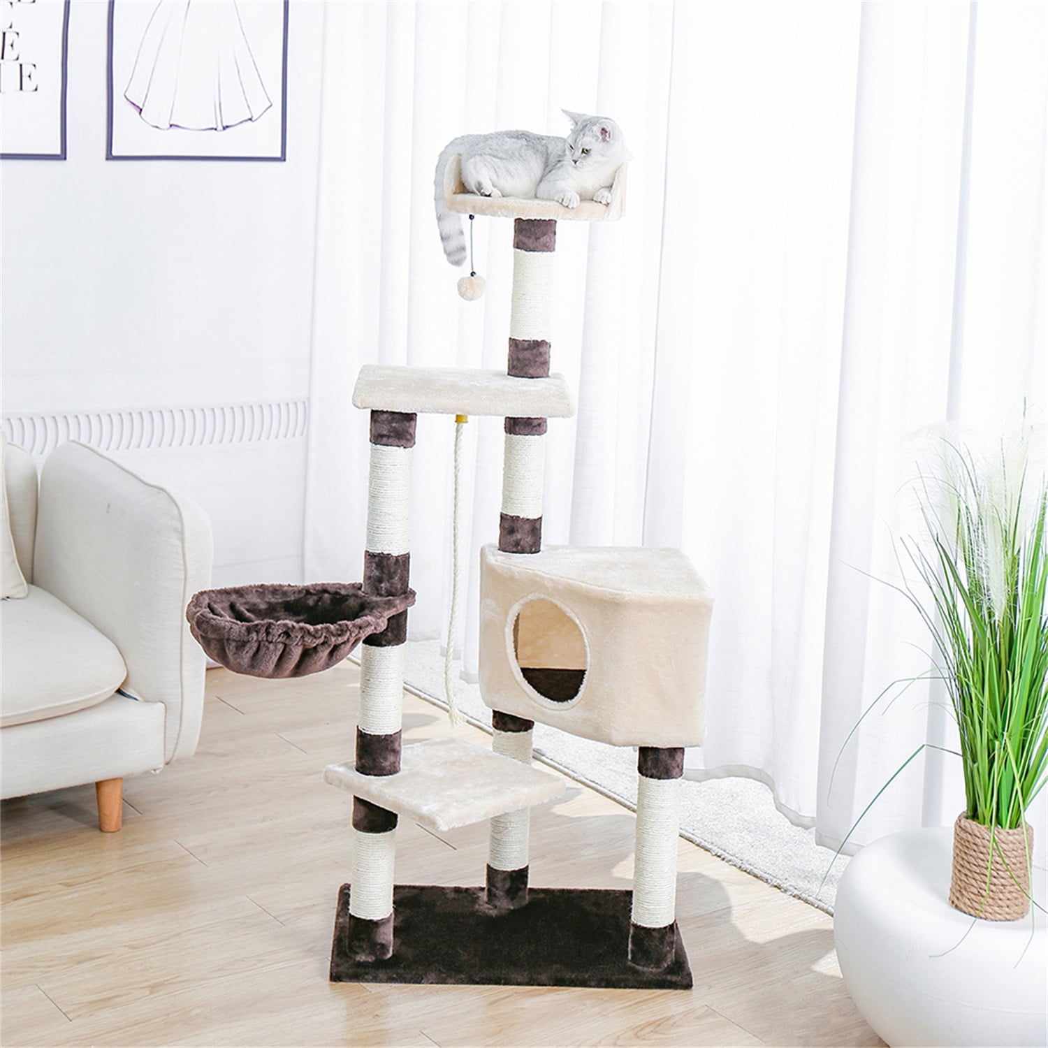 Pefilos 54.3" Cat Tree for Adult Cats Tall, Cat Condo with Scratching Post 3 Elevated Platforms, Cat Tree Tower for Indoor Cats Dangling Cat Toy, Cat Playground, Beige Pefilos 54.3" Cat Tree for Adult Cats Tall, Cat Condo with Scratching Post 3 Elevated Platforms, Cat Tree Tower for Indoor Cats Dangling Cat Toy, Cat Playground, Beige