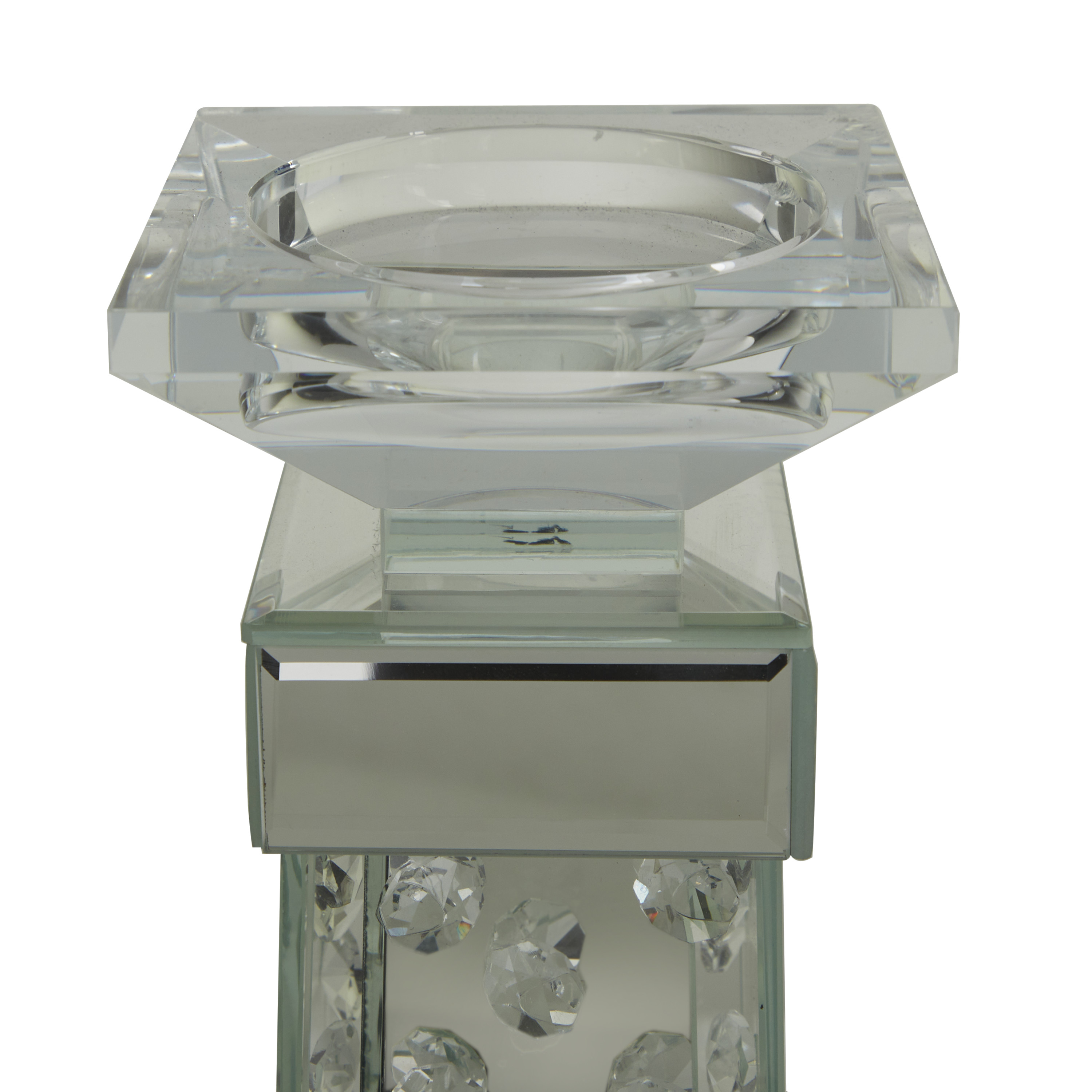 DecMode Silver Glass Pillar Candle Holder with Mirrored Accents and Crystals
