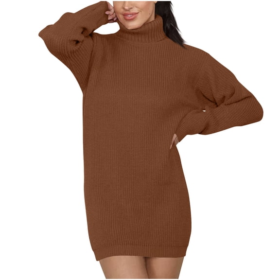 Kilaqueen Women Sweater Dress Turtleneck Long Sleeve Loose Fit Ribbed Knit Mini Sweater Dresses Solid Color Casual Fall Winter Dress