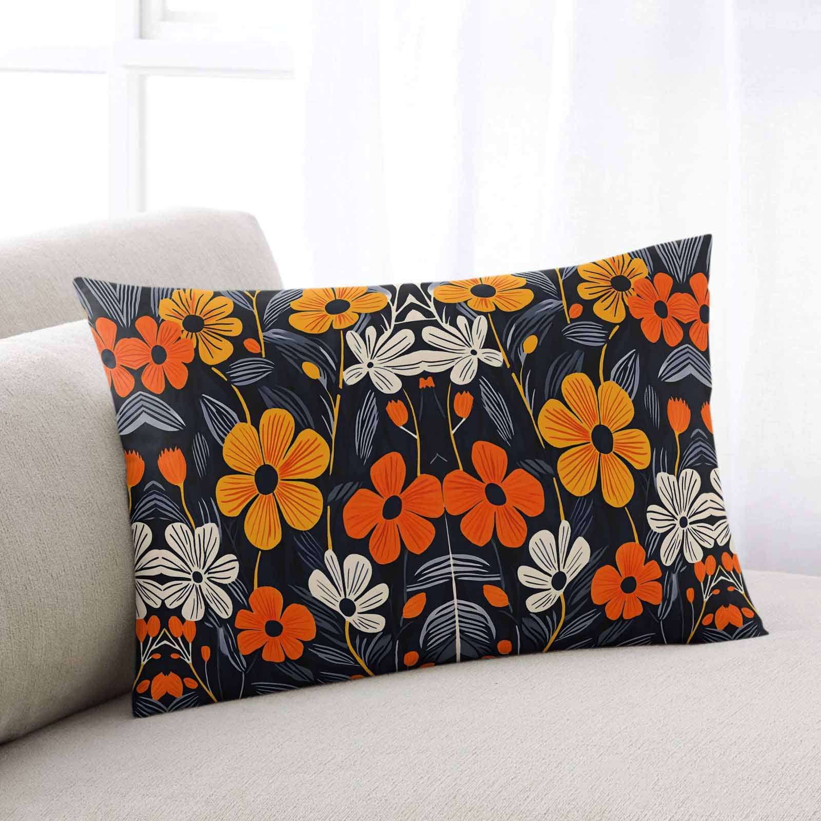 Orange Spring Floral Throw Pillow Cover 24 x 36 Inch Decorative Pillow Cover Black Summer Botanical Leaf Lumbar Pillowcase Seasonal Rectangle Cushion Case for Couch Sofa Bed Living Room