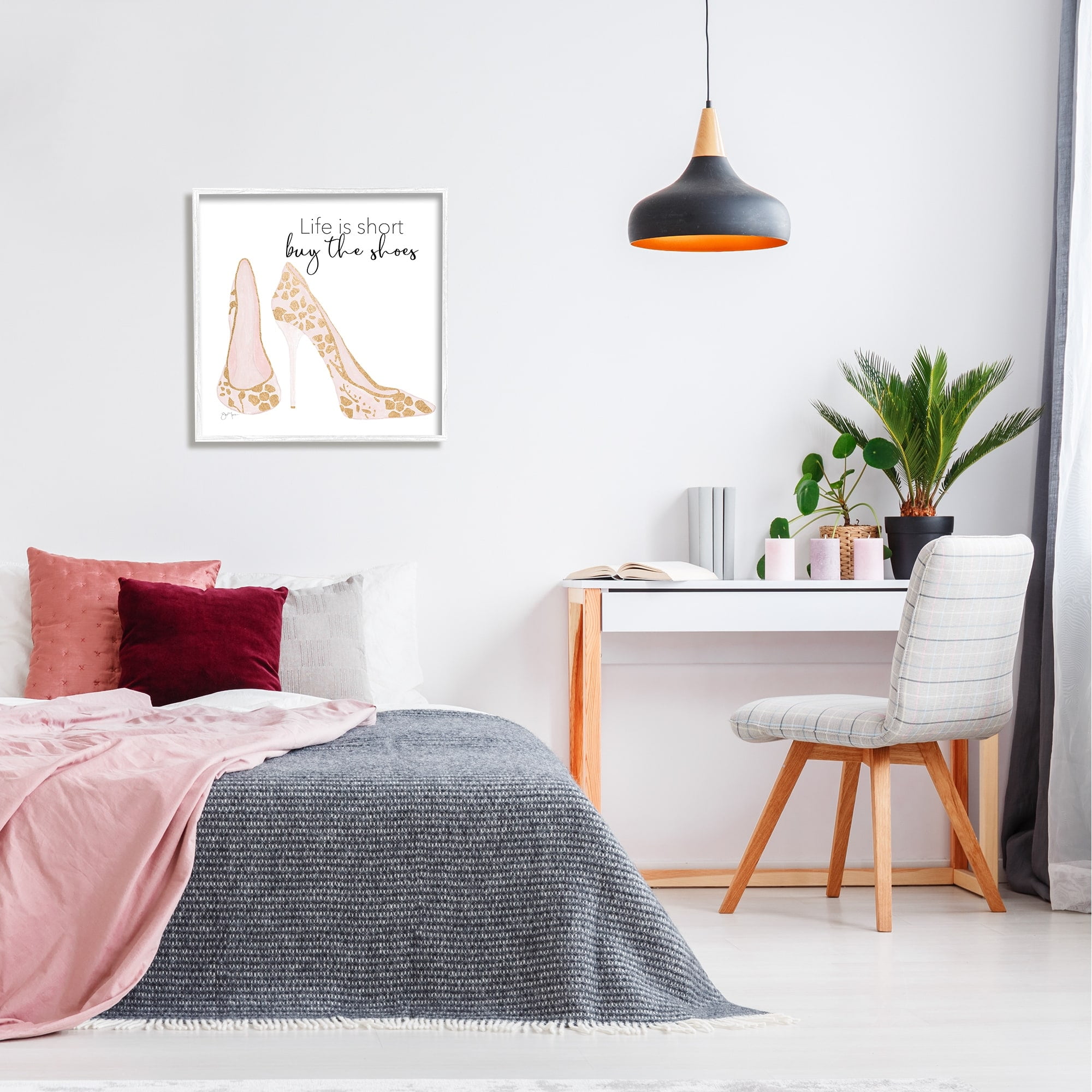 Stupell Industries Buy The Shoes Motivational Floral Heel Pattern Graphic Art White Framed Art Print Wall Art, Design by Tava Studios