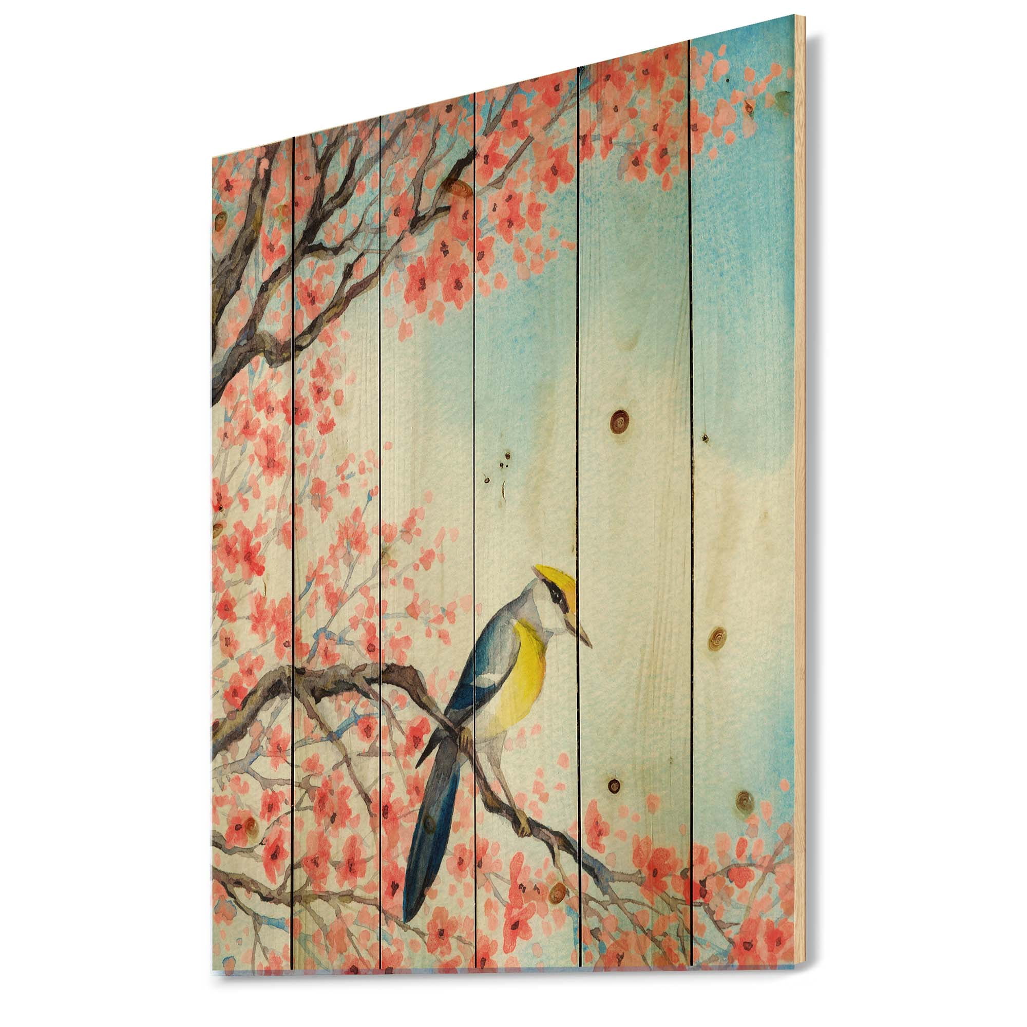 Designart 'Beautiful Red Bird Sitting On Flowering Branch I' Traditional Print on Natural Pine Wood
