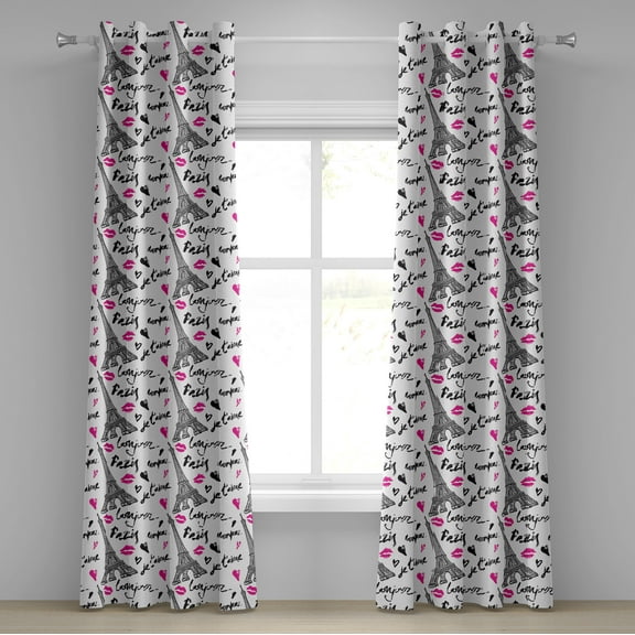 Ambesonne Paris Grommet Curtain, Pink Kiss Eiffel Love, 50" x 72", White Black Pink