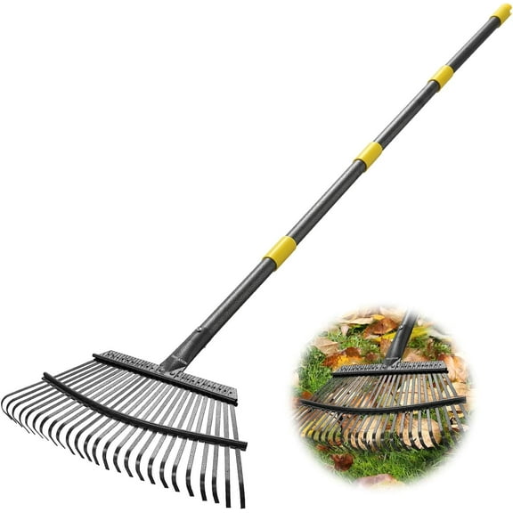 YeYeBest 25 Tines Heavy Duty Garden Leaf Rake for Lawns, 65" Long 18" Wide Adjustable  Sturdy Metal Yard Rake with Non-Slip Comfort Handle