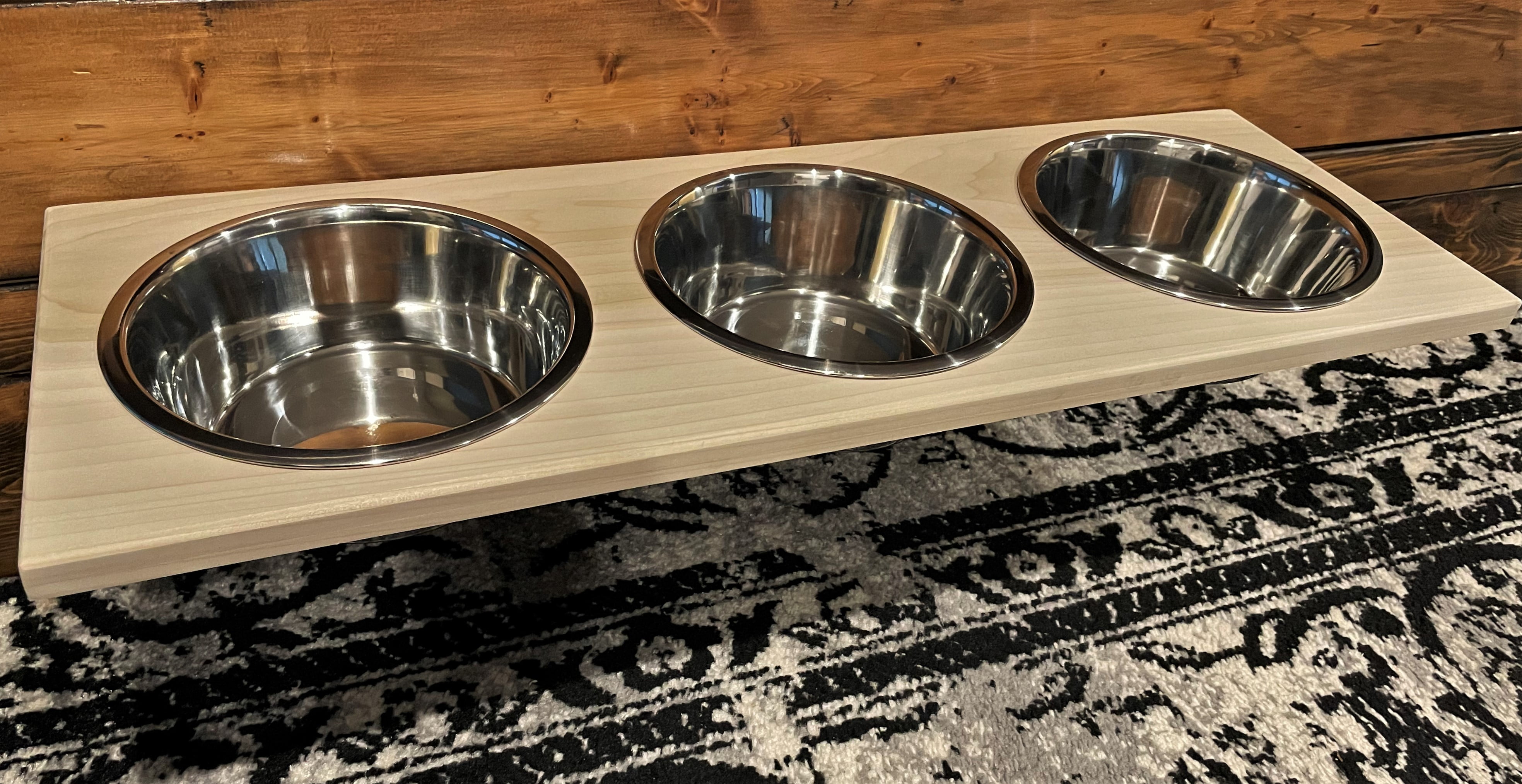 Chic, Floating, Wood, Height-Flexible Wall Mount Dog/Cat/Pet Food & Water Bowl Holder/Feeder with 3 S.S. Dishwasher-Safe Bowls (~ 2 Quart / 64 oz / 1890 ml) for Large Pets. 3-Screw Installation.