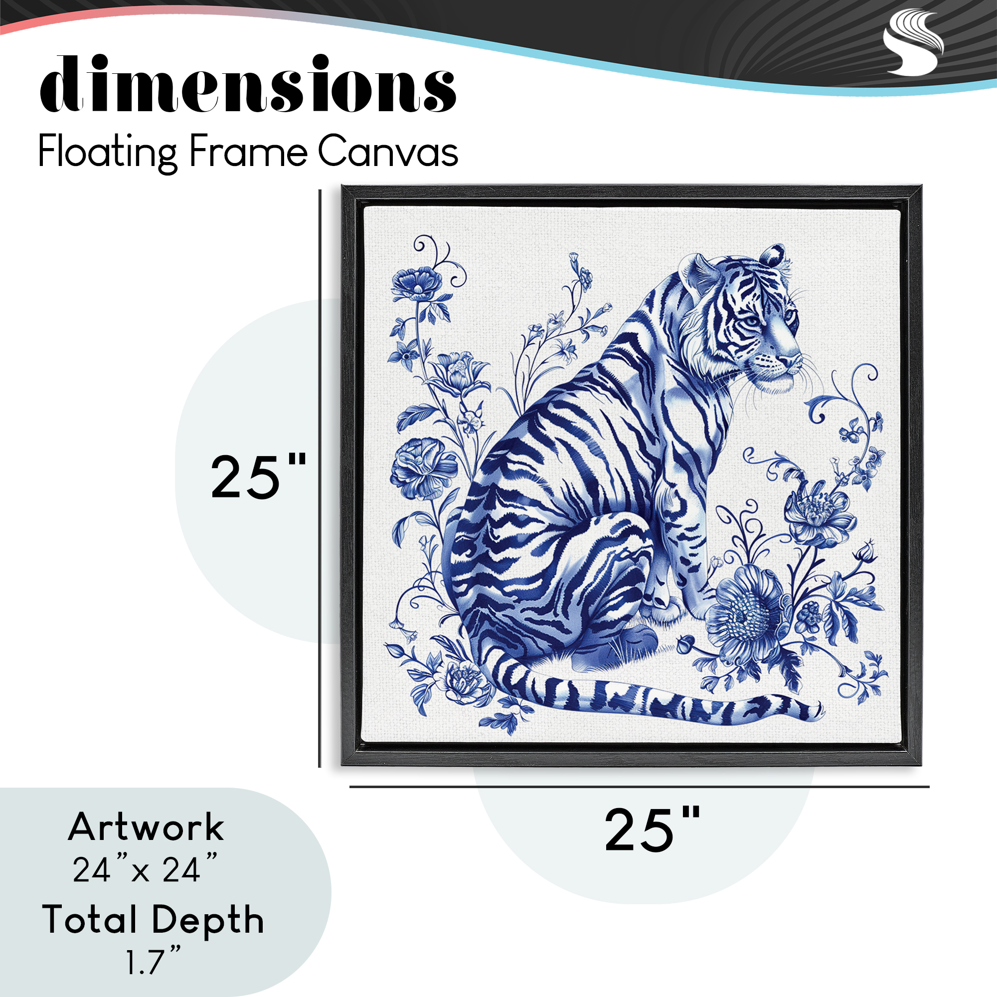 Traditional Ornate Floral Tiger Black Framed Floater Canvas Wall Art, design by Lettered and Lined