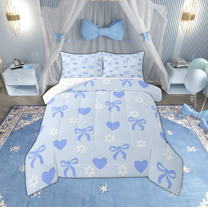 Manfei Blue Love Heart Bedding Comforter Set for Teen, Kawaii Princess Bow-tie Twin Comforter Sets, Cartoon Bowknot Reversible Bedding Set, Lightweight Room Decor, 2-Piece