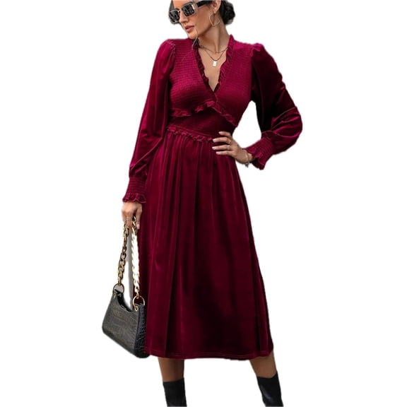 Women's Smocked Lantern Sleeve Midi Dress 95% Polyester 5% Elastane Sheer Bodice and Stretch for Everyday Wear