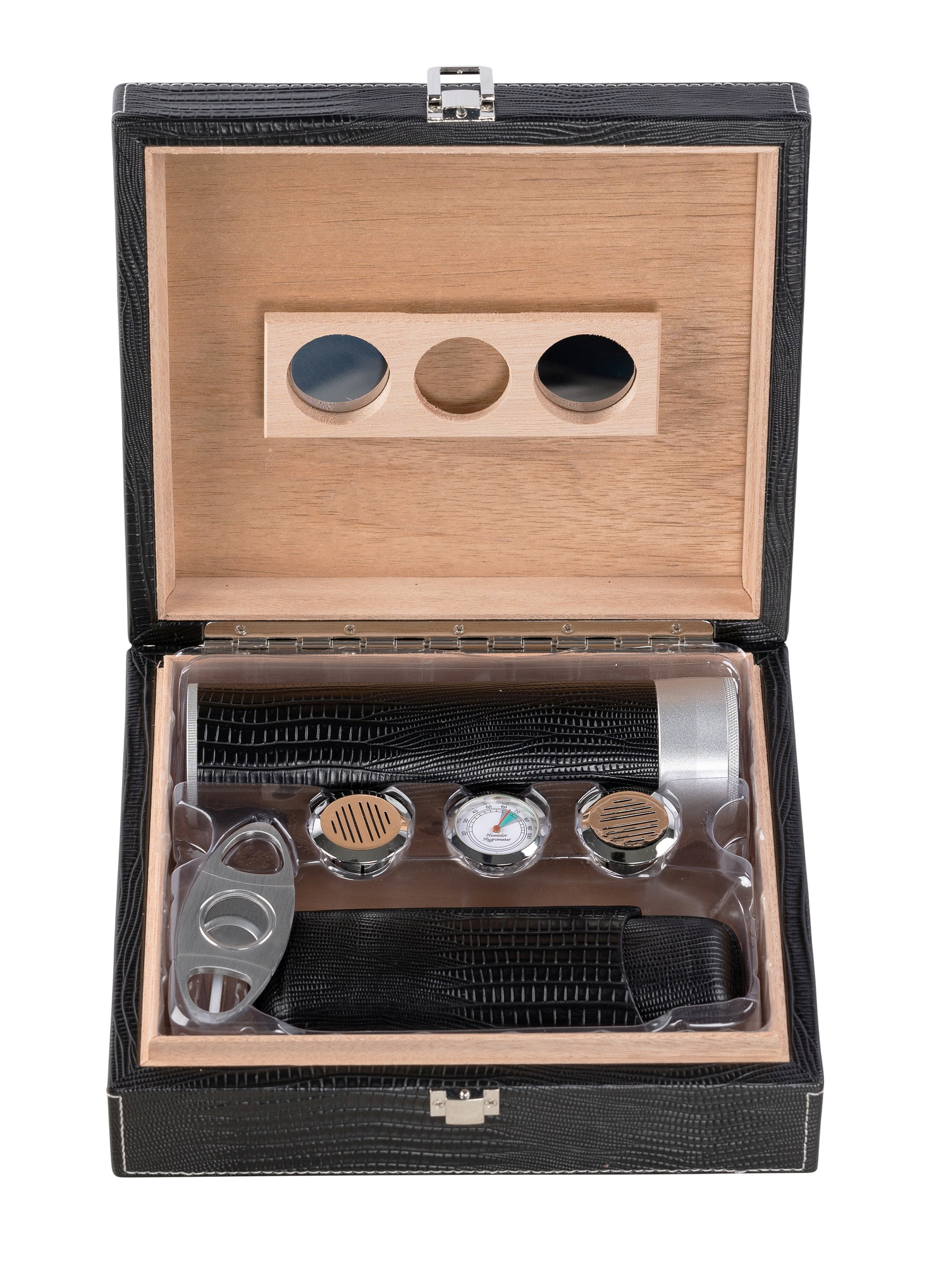 Alligator Leather Cigar Humidor Gift Set - Black - Capacity: 25
