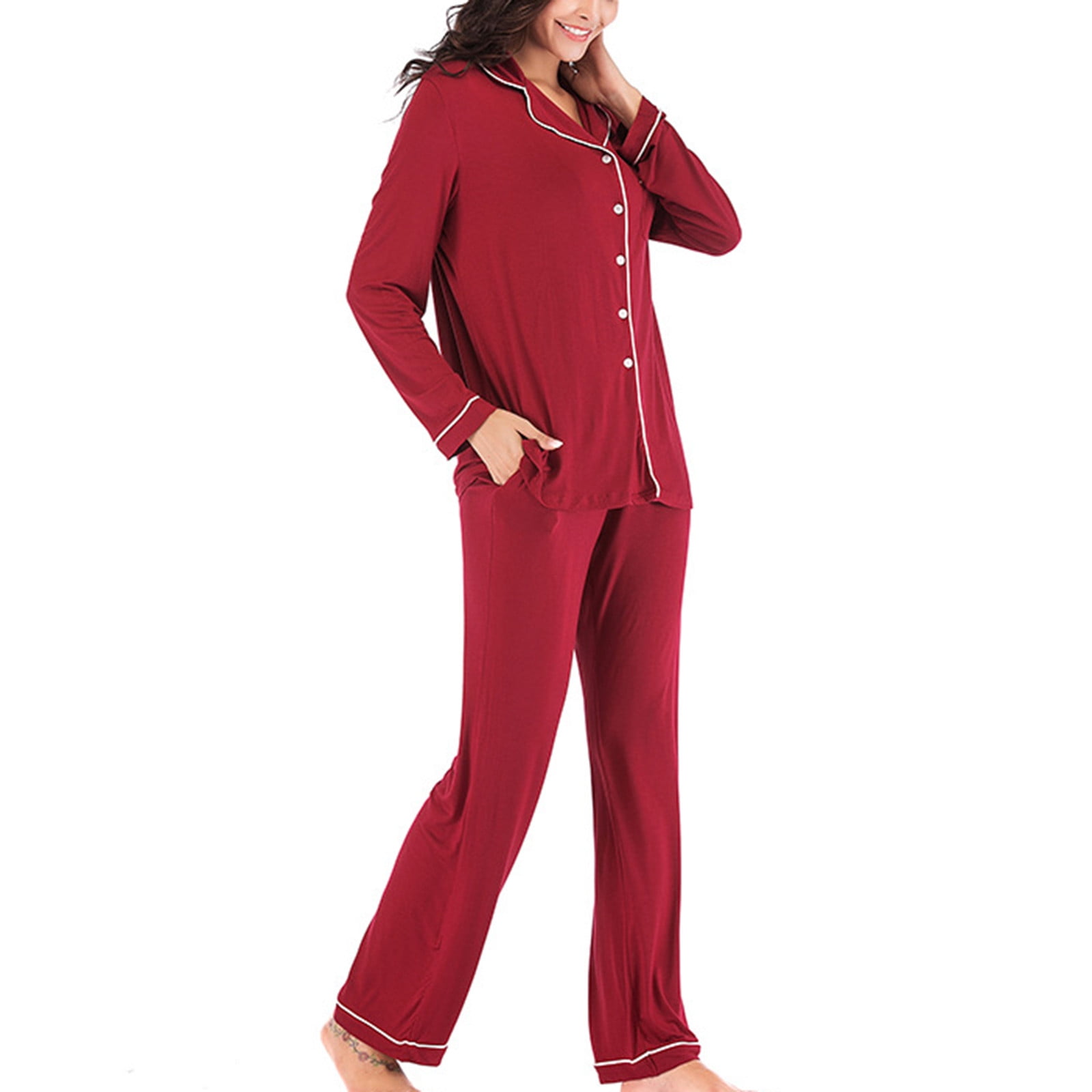 BONIXOOM Christmas Pajamas For Women Matching Family Christmas Pajamas Loungewear None Long Sleeve Sleepwear Sets Solid Wine M