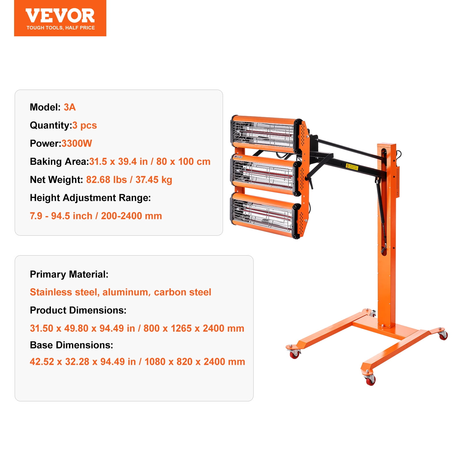 VEVOR Infrared Curing Lamp, 3300W 1-60 min Timing, Auto Heating Car Curing Light with Bracket,8.61 sq.ft Baking Area Spray Baking Booth Heaters,Paint Dryer for On-Site Repair Engine Drying 1 Pac 110V