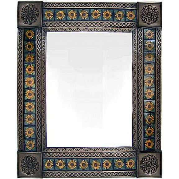 Medium Brown Sunflower Tile Talavera Tin Mirror