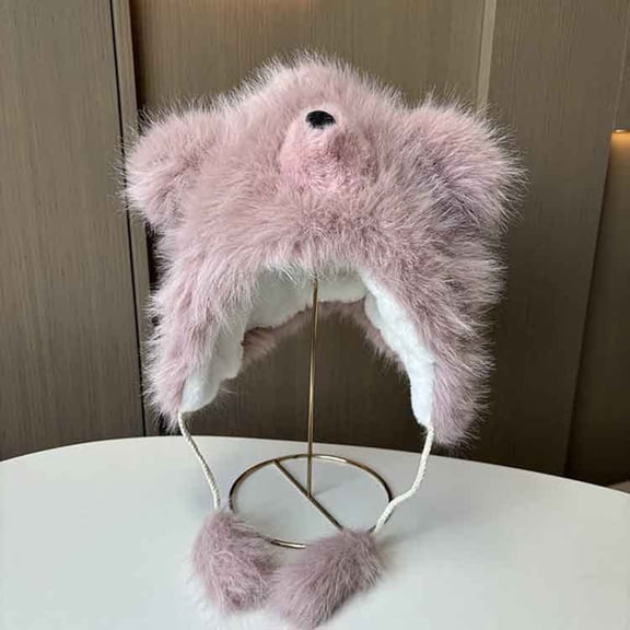 Wancir Cute Faux Fur Bear Ear Warm Hat with Earflaps Furry Animal Cap Winter Beanie Hat Windproof Cap Hat for Women Girls