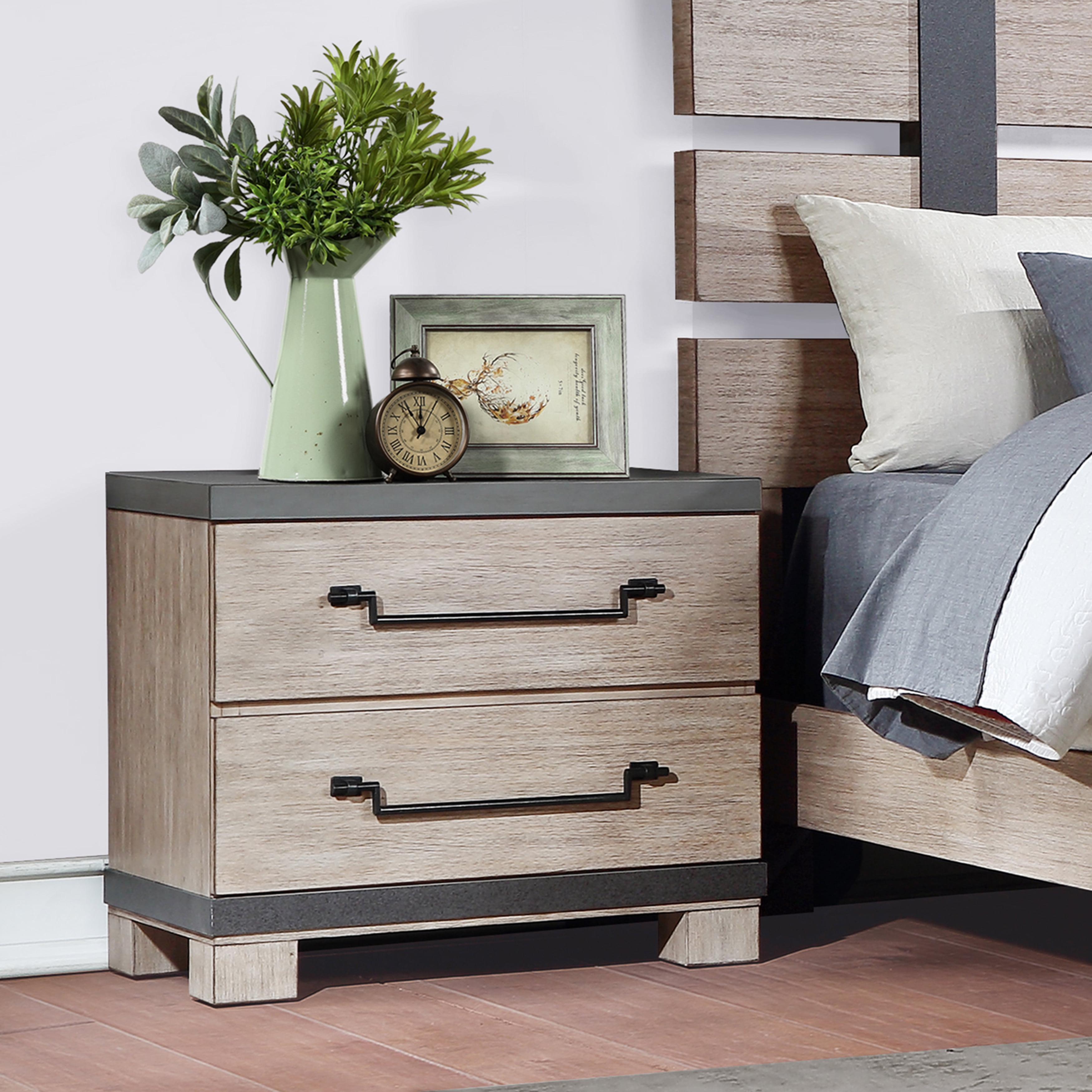 Arbela Wood Slatted Panel Bed with Dresser, Mirror, and Two Nightstands, King, Weathered Oak Finish