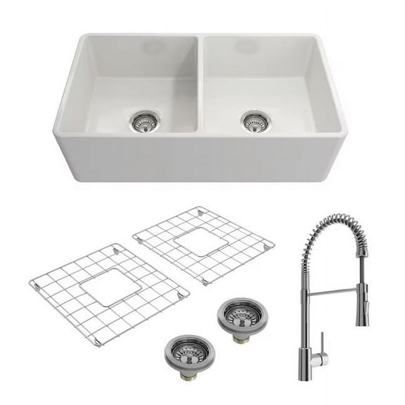 BOCCHI 1139-001-2020CH Farmhouse Fireclay 33 Inch Double Bowl Kitchen Sink Kit