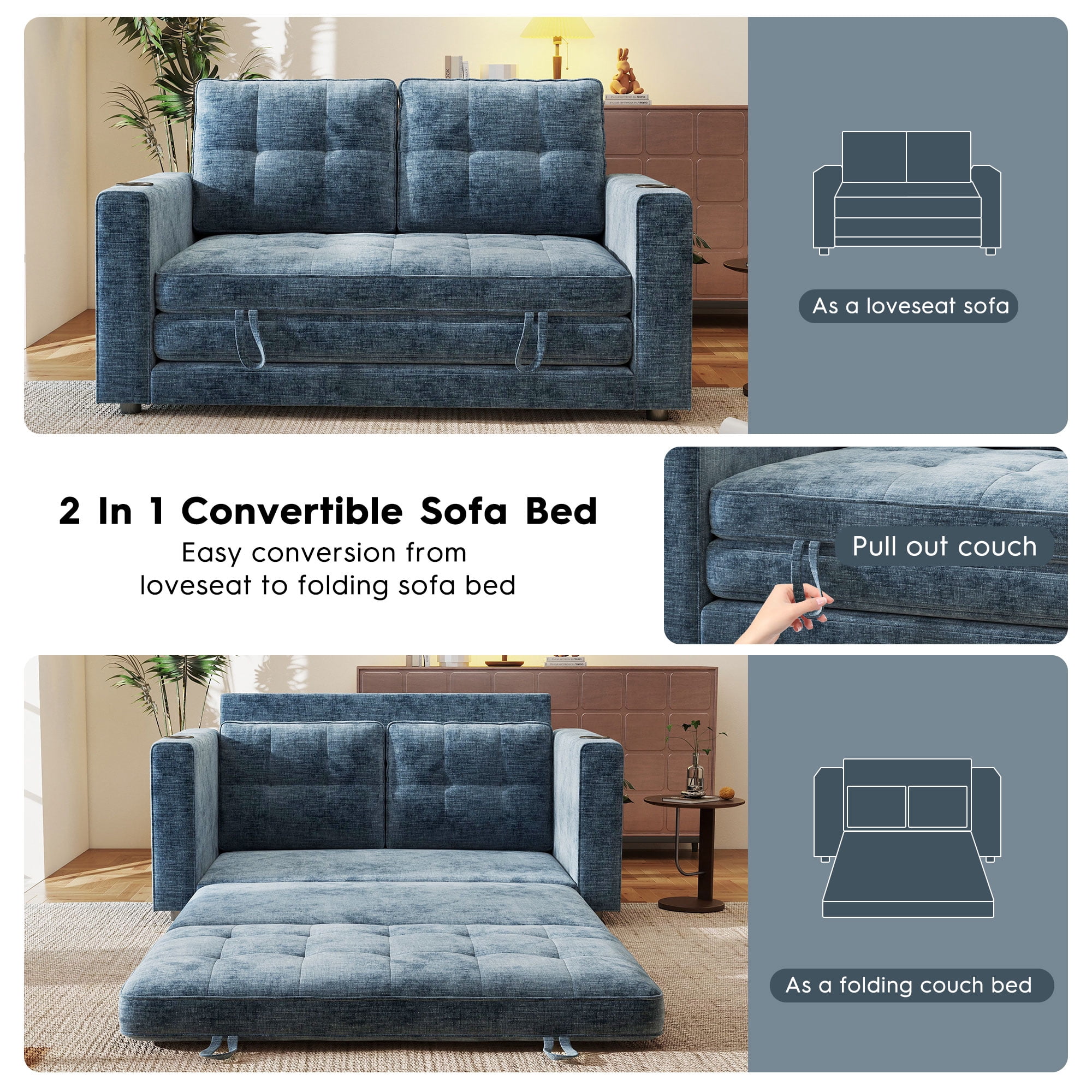 BedLuxury 55" Foldable Loveseat Futon Sofa Bed with Cup Holder & Storage Pocket, Sleeper Couch, Space Saving, Chenille Blue