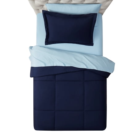 MAINSTAYS ALL IN ONE REVERSIBLE COMFORTER AND SHEET SET- 5 PIECE, TWIN, NAVY