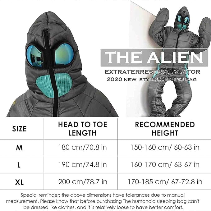 Wearable Creative Alien Mummy Sleeping Bag for Adults, Walking Standing Sleep Suit with Zipper, 3-Season Full Body Warmth for Camping, Hiking, Festivals & Hospital Companion