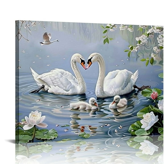 Acheng Canvas Print Wall Art Swan Family Art Paintings for Wall Watercolor Picture Artwork Wall Decor Modern Home Decoration For Living Room Bedroom Stretched and Framed Canvas Ready to Hang 20x16in
