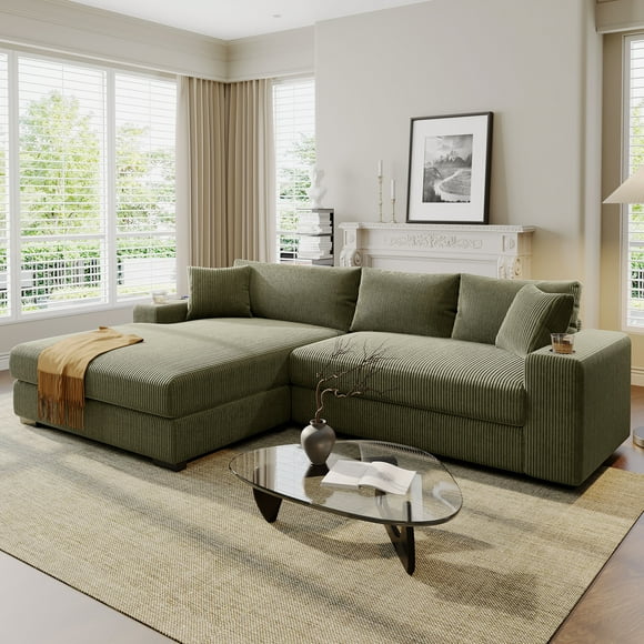 Large Sectional Sofa with Thick Cushions, and Built-in Cup Holders & Charging Ports,Green