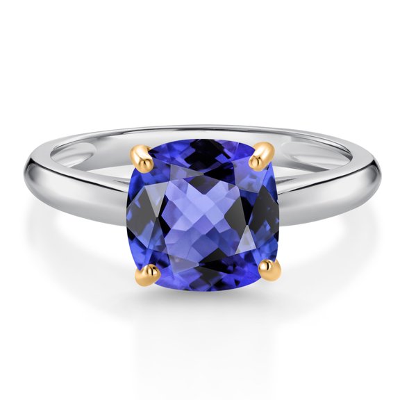 Gem Stone King 10K White and Yellow Gold Blue Tanzanite Solitaire Engagement Ring for Women (2.70 Cttw, Cushion 8MM, Gemstone December Birthstone, Available in Size 5, 6, 7, 8, 9)