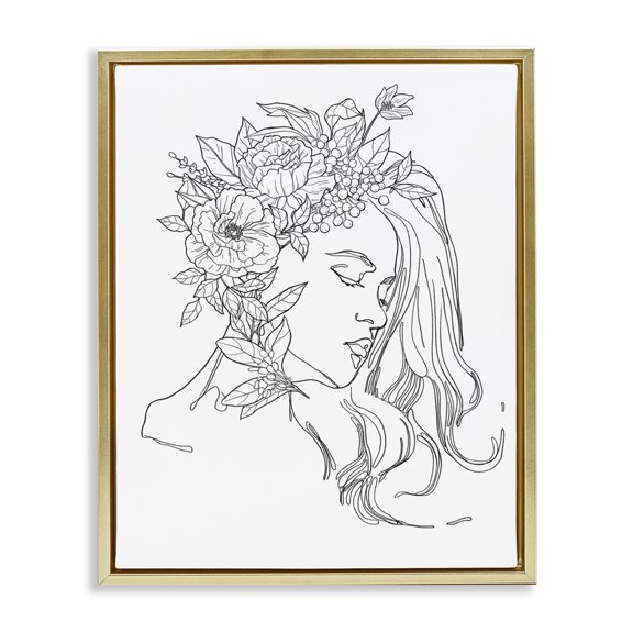 Stupell Industries Eclectic Woman Face Detailed Blossoming Flowers Line Drawing Gold Floating Frame Canvas Art, 25 x 31, by Ziwei Li