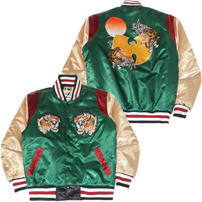 Wu Tang Clan Men's Headgear Classics Embroidered Tiger Satin Jacket  (X-Large, Olive)
