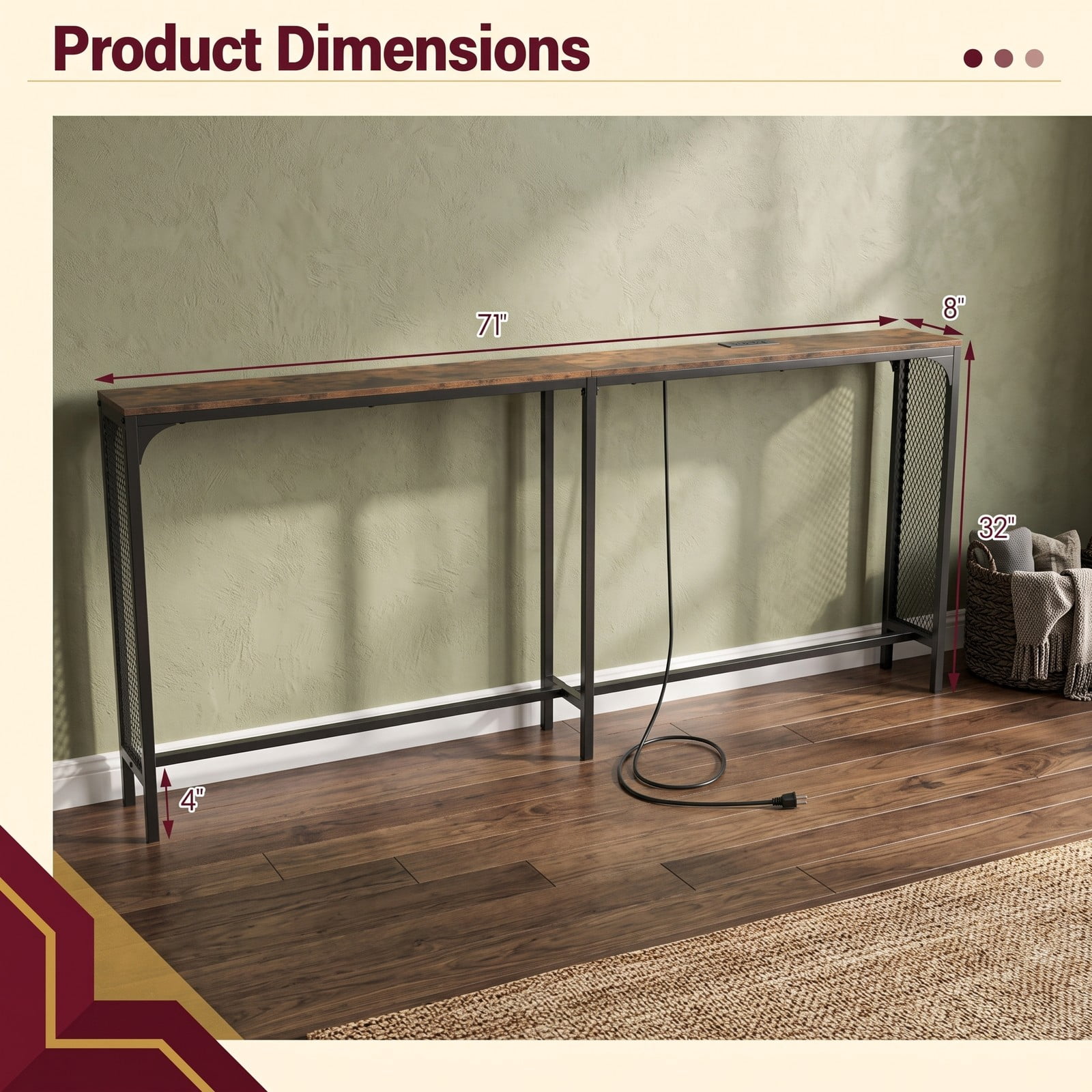 Furnibear 71 Inch Narrow Console Table with Power Outlet and USB Ports and Metal Mesh Frame for Small Space, Rustic Brown