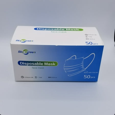 50pcs Sky Screen Disposable 3-Ply Protective Masks, Box of 50 3Ply Face Coverings