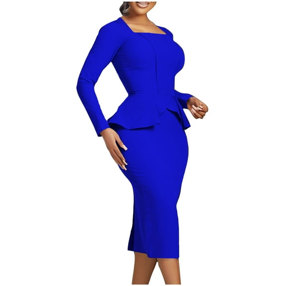 Sentmoon Ruffle Womens Dresses Long Sleeve Square Neck Holiday Dresses for Women Bodycon Peplum Solid Color Short Dresses,Plus Size Stylish Womens Fashion Blue XXL