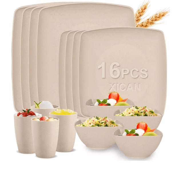 Cuadrada Vajilla Juego Cocina Paja Trigo Plato Tazas Kit Xtellar beige