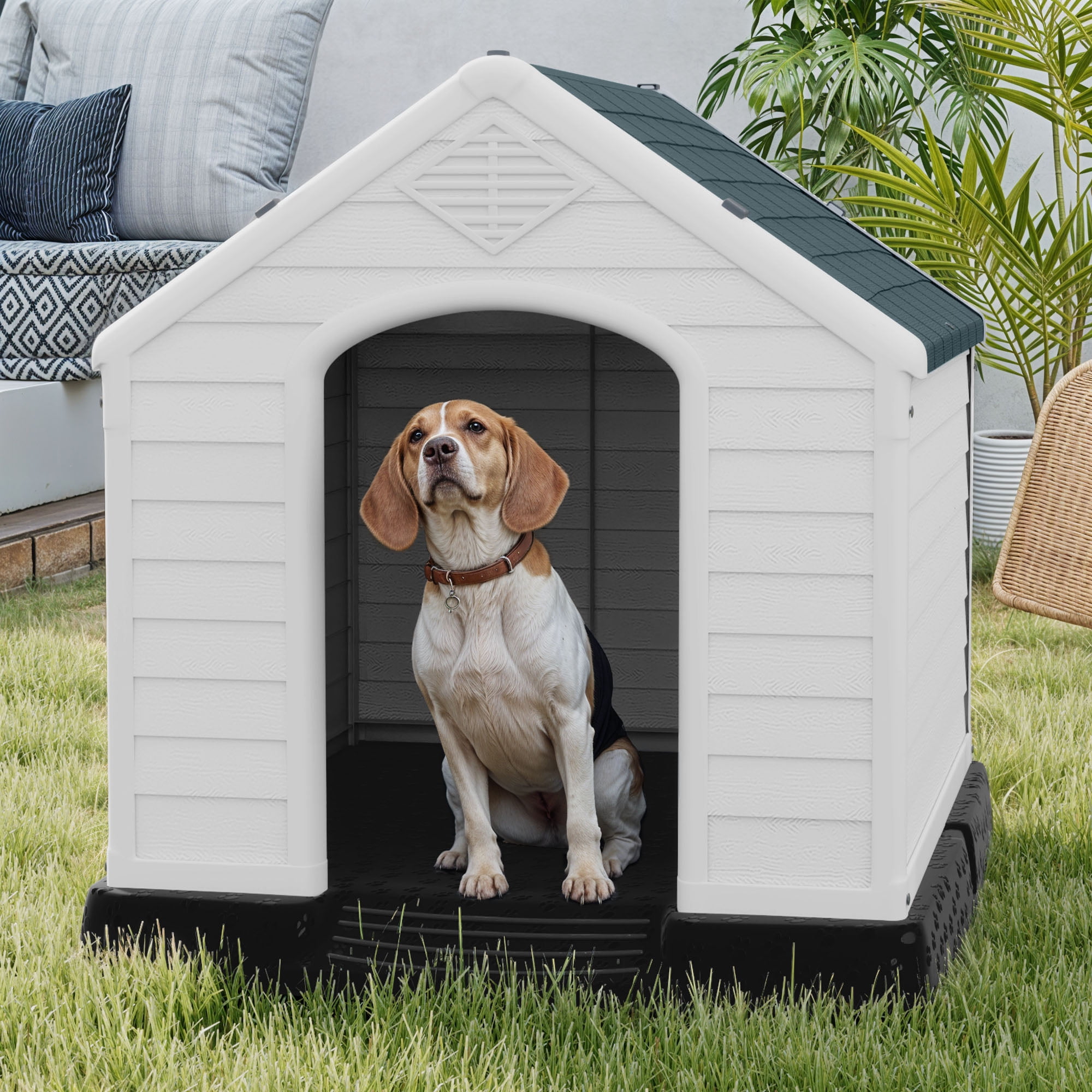 Uforic Waterproof Plastic Dog House with Air Vents and Elevated Floor, Outdoor Indoor Doghouse Puppy Shelter,Gray,28.5''Lx 26''Wx 28''H