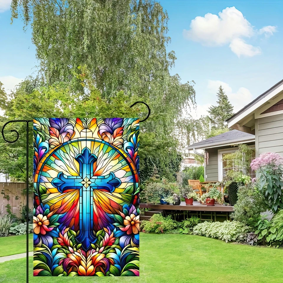 PURELY- Vibrant Stained Glass Cross Garden Flag 12X18 Inch Christian Outdoor Decor