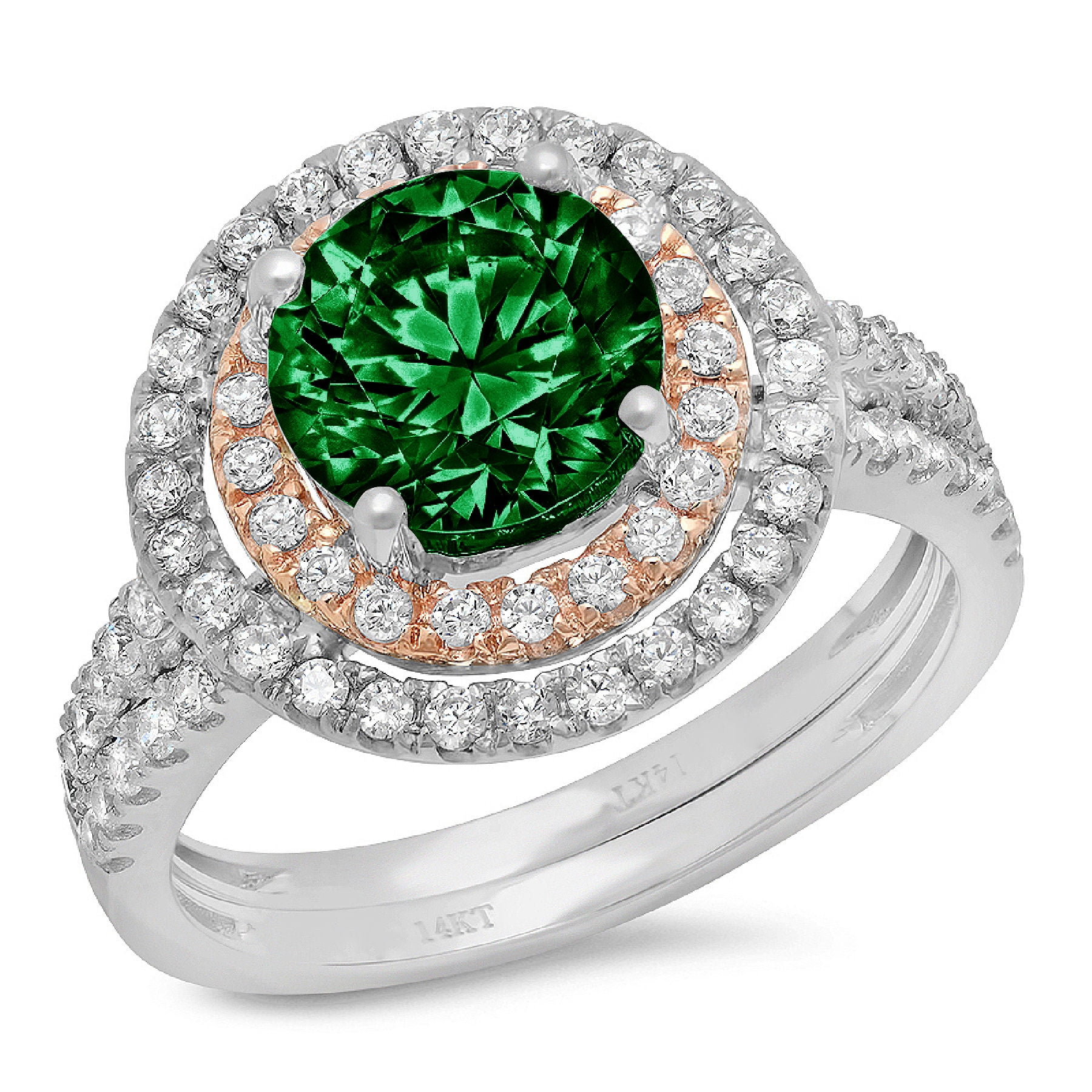 2.50 Ctw Round Cut Green Emerald & Round Cut Diamond Engagement  Wedding Women's  Bridel  Ring Set  14k  White Gold Finish