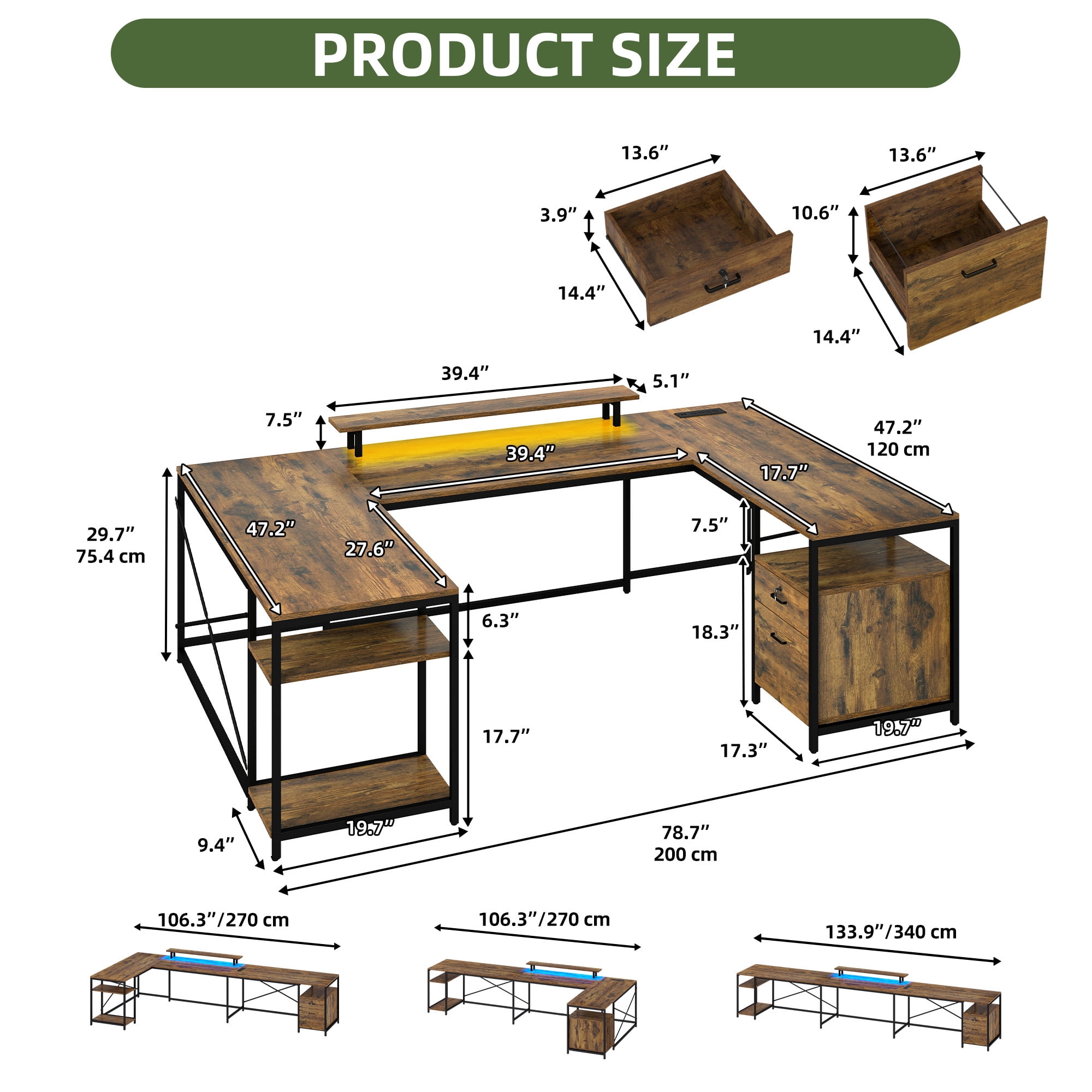 Uforic U Shaped Computer Desk with Power Outlets and LED Lights, Reversible L Shape Desk for Home Office, Brown