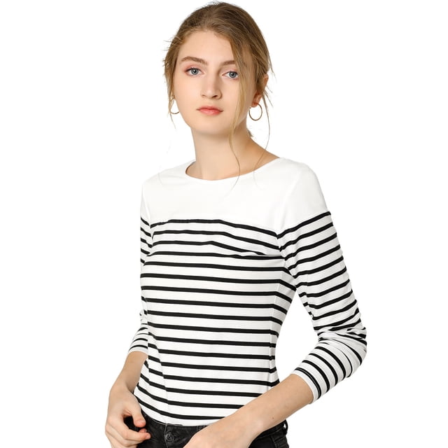 CamiseDe ManLarPaMujer bloque de colorrayas triple color simple Blanco Negro XXL